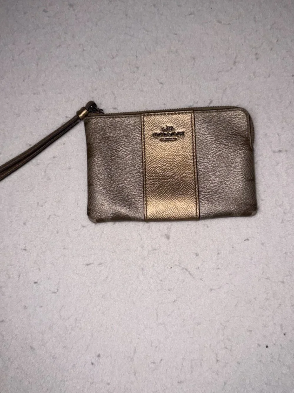 VINTAGE Y2K Coach Metallic Gold Logo Wristlet Small Designer Bag Zip Closure
